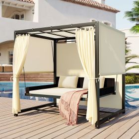 [VIDEO provided]U_Style 2-3 People Outdoor Swing Bed; Adjustable Curtains; Suitable For Balconies;  Gardens And Other Places (Color: Beige)