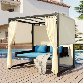 [VIDEO provided]U_Style 2-3 People Outdoor Swing Bed; Adjustable Curtains; Suitable For Balconies;  Gardens And Other Places (Color: Blue)