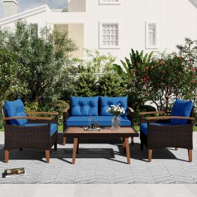 4-Piece Garden Furniture;  Patio Seating Set;  PE Rattan Outdoor Sofa Set;  Wood Table and Legs;  Brown and Beige (Color: Blue)