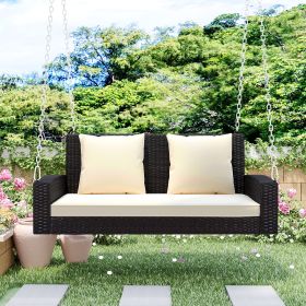2-Person Wicker Hanging Porch Swing with Chains;  Cushion;  Pillow;  Rattan Swing Bench for Garden;  Backyard;  Pond. (Color: Brown)