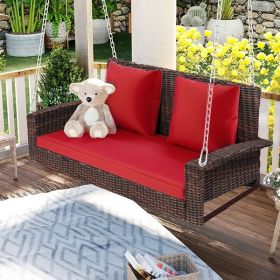 2-Person Wicker Hanging Porch Swing with Chains; Cushion; Pillow; Rattan Swing Bench for Garden; Backyard; Pond. (Brown Wicker; Beige Cushion) (Color: Red)