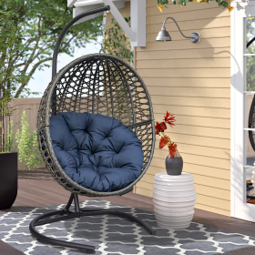 Wicker Basket Swing Chair;  Hanging Egg Chairs with Durable Stand and Waterproof Cushion for Outdoor Patio (Color: Navy blue)