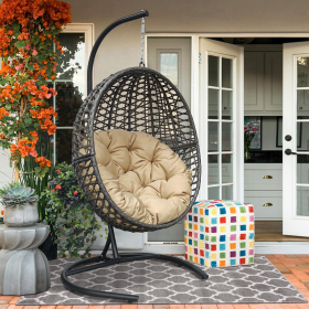 Wicker Basket Swing Chair;  Hanging Egg Chairs with Durable Stand and Waterproof Cushion for Outdoor Patio (Color: khaki)