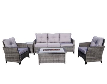 Direct Wicker Gray Wicker Sofa Set Outdoor Furniture Conversation Set with Firepit Table (Color: Deep Gray)