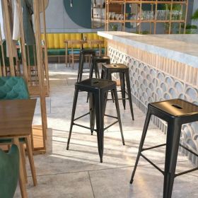 Commercial Grade 30 Inch High Backless Metal Indoor-Outdoor Bar Stool with Square Seat (Color: Black)