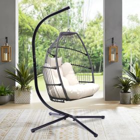 Outdoor Patio Wicker Folding Hanging Chair; Rattan Swing Hammock Egg Chair With Cushion And Pillow (Color: as Pic)