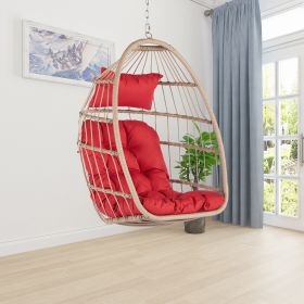 Outdoor Garden Rattan Egg Swing Chair Hanging Chair Wood+Red (Color: as Pic)