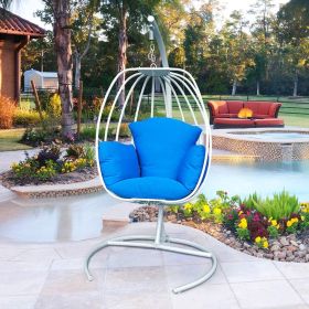 Indoor Outdoor Hanging Egg Swing Chair with Cushion and C Stand;  Egg Shaped Hanging Swing Chair;  Egg-Shaped Hammock Swing Chair Single Seat (Color: Blue)