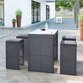 5-piece Rattan Outdoor Patio Furniture Set Bar Dining Table Set with 4 Stools (Color: Gray Cushion+Gray Wicker)
