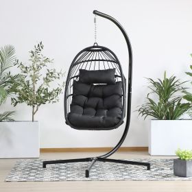 Hanging Folding Egg Chair for Indoor Outdoor Patio with Aluminum Frame and Metal Stand;  330lbs Capacity (Color: Black)