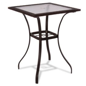 Outdoor Patio Rattan Bar Table Square Glass Top Table (Color: As the pic show, size: 28 Inch)