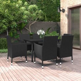 7 Piece Rattan Patio Dining Set With Cushions (Color: Black)