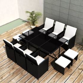 11 Piece Patio Dining Set with Cushions Poly Rattan Black (Color: Black)
