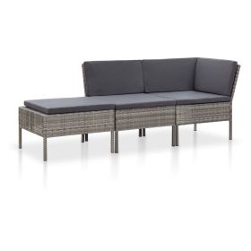 3 Piece Patio Lounge Set with Cushions Poly Rattan Gray (Color: Grey)