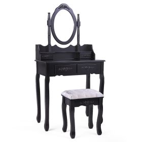 Vanity Table and Chair Set, Makeup Dressing Table with 360-degree-rotating Mirror and 4 Drawers, Thick Padded Stool (Color: Black)