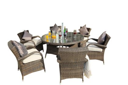Direct Wicker Outdoor Patio Furniture 7PCS Cast Aluminum Dining Table and Chair (Color: Brown)