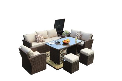 Direct Wicker 7 PCS Outdoor PE Rattan Wicker Sofa Rattan Patio Garden Furniture;  With Wide Cabinet;  Gray (Color: Brown)