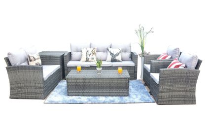 Direct Wicker Outdoor And Garden Patio Sofa Set 6PCS Reconfigurable Stylish And Modern Style With Seat Cushion (Color: Light Brown)