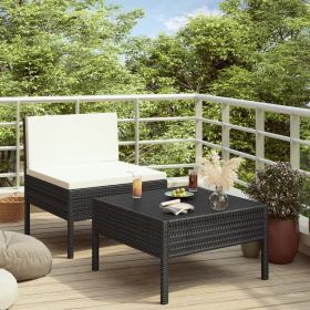 2 Piece Patio Lounge Set with Cushions Poly Rattan Black (Color: Black)