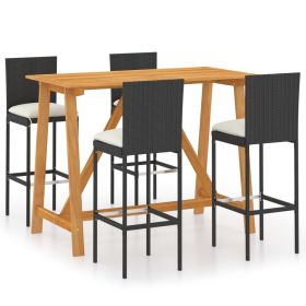 5 Piece Patio Bar Set with Cushions Black (Color: Black)