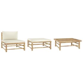 3 Piece Garden Bamboo Lounge Set With Cream Cushions (Color: Brown)