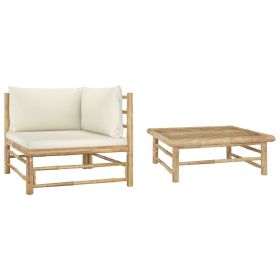 2 Piece Garden Lounge Set with Cream White Cushions Bamboo (Color: Brown)
