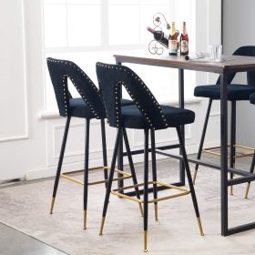 Akoya Collection Modern | Contemporary Velvet Upholstered Connor 28&quot; Bar Stool &amp; Counter Stools with Nailheads and Gold Tipped Black Metal Le (Color: as Pic)