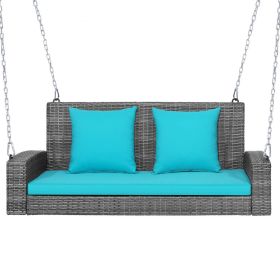 2-Person Patio PE Wicker Hanging Porch Swing Bench Chair Cushion 800 Pounds (Color: Turquoise)