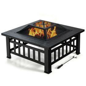 Outddor Patio Garden Beach Camping Bonfire Party Fire Pit With BBQ Grill (Color: Black, size: 32")