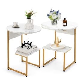 Living Room Bedroom Decor Mobile Sofa End Side Table 2 PCS (Color: White & Gold, Type: Side Table)