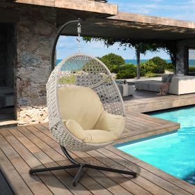 Large Hanging Egg Chair with Metal Stand and UV Resistant Cushion Hammock Chairs with C-Stand for Outdoor Indoor (Color: Beige)