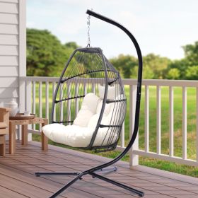 Outdoor Patio Wicker Folding Hanging Chair; Rattan Swing Hammock Egg Chair With Cushion And Pillow (Color: as picture)