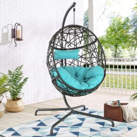 Hanging Egg Chair Outdoor Indoor Patio Swing Chair with UV Resistant Cushion Wicker Rattan Hammock Basket Chair with Stand (Turqoise) (Color: Blue)