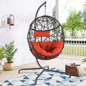 Hanging Egg Chair Outdoor Indoor Patio Swing Chair with UV Resistant Cushion Wicker Rattan Hammock Basket Chair with Stand (Turqoise) (Color: Red)