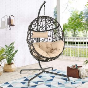 Hanging Egg Chair Outdoor Indoor Patio Swing Chair with UV Resistant Cushion Wicker Rattan Hammock Basket Chair with Stand (Turqoise) (Color: Beige)