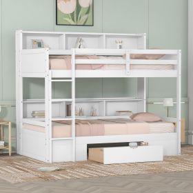Twin Size Bunk Bed with Built-in Shelves Beside both Upper and Down Bed and Storage Drawe (Color: White)