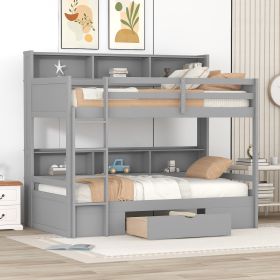 Twin Size Bunk Bed with Built-in Shelves Beside both Upper and Down Bed and Storage Drawe (Color: Gray)
