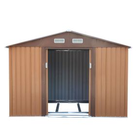 6.3' x 9.1' Outdoor Backyard Garden Metal Storage Shed for Utility Tool Storage (Color: coffee)