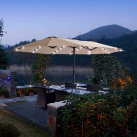 15FT Patio Double-Sided Umbrella with Solar LED Lights, Outdoor Market Umbrella with 48 Solar Powered LED Lights & Crank (Color: khaki)