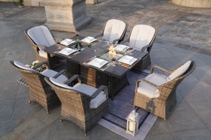 7 PCS Patio Gas Firepit and Ice Container Rectangle Dining Set with 6 Standard Height Chairs (Color: Gray)