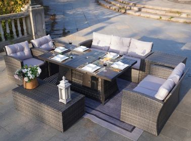 7 PCS  Patio Conversational Sofa Set With Gas Firepit And Ice Container Rectangle Dining Table And Storage Box (Color: Gray)