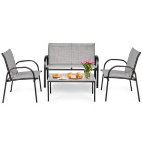 4 Pieces Patio Furniture Set with Glass Top Coffee Table (Color: Gray)