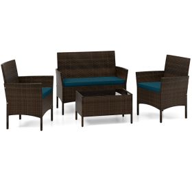 4 Piece Patio Rattan Conversation Set with Cozy Seat Cushions (Color: Peacock Blue)
