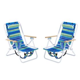 Folding Beach Chair Set Of 2 For Adults, 4 Position Portable Backpack Foldable Camping Chair With Headrest Cup Holder And Wooden Armrests, Blue & Gree (Option: 64649658)