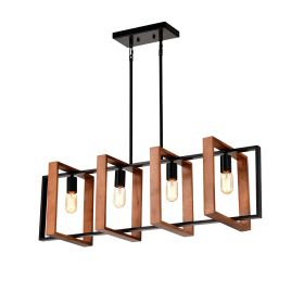 Farmhouse 4-Light Kitchen Island Pendant Light With Rustic Wood & Black Metal (Option: Wood)