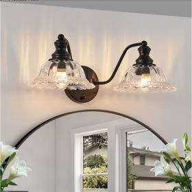 20 Inch 2-Light Vintage Bathroom Wall Sconce - Elegant Black Metal And Glass Lampshade Vanity Light Fixture For Bathroom, Hallway, Or Bedroom Bulb Not (Option: Black)